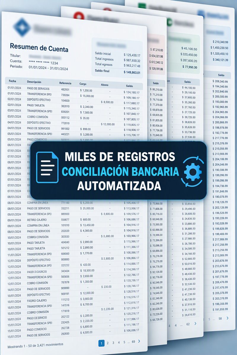 Resúmenes de cuenta de varios bancos con el texto: miles de registros, conciliación bancaria automatizada